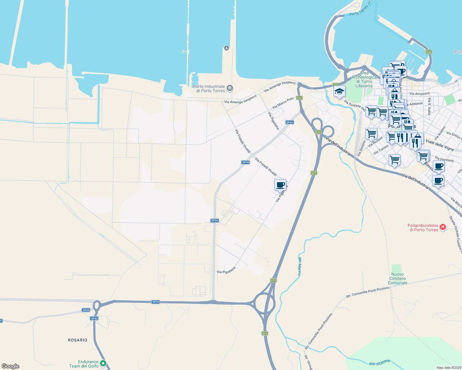map of restaurants, bars, coffee shops, grocery stores, and more near 37 SP34 in Porto Torres