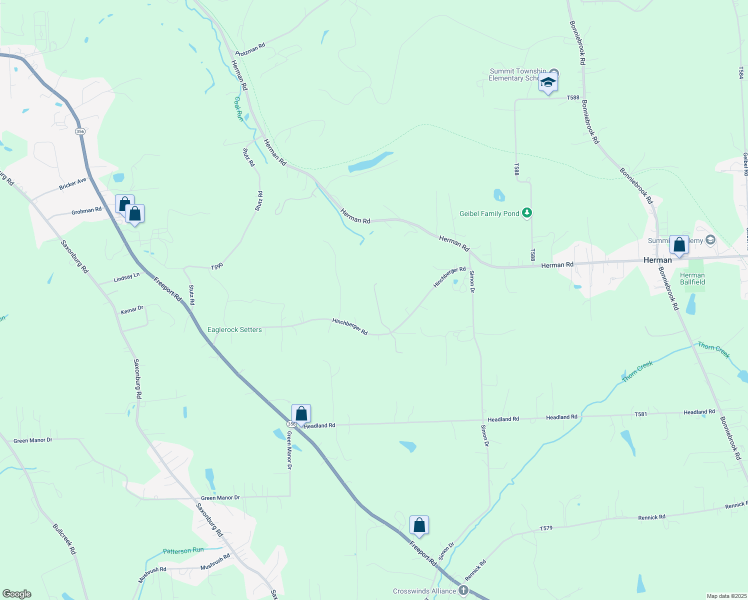 map of restaurants, bars, coffee shops, grocery stores, and more near 181 Hinchberger Road in Butler