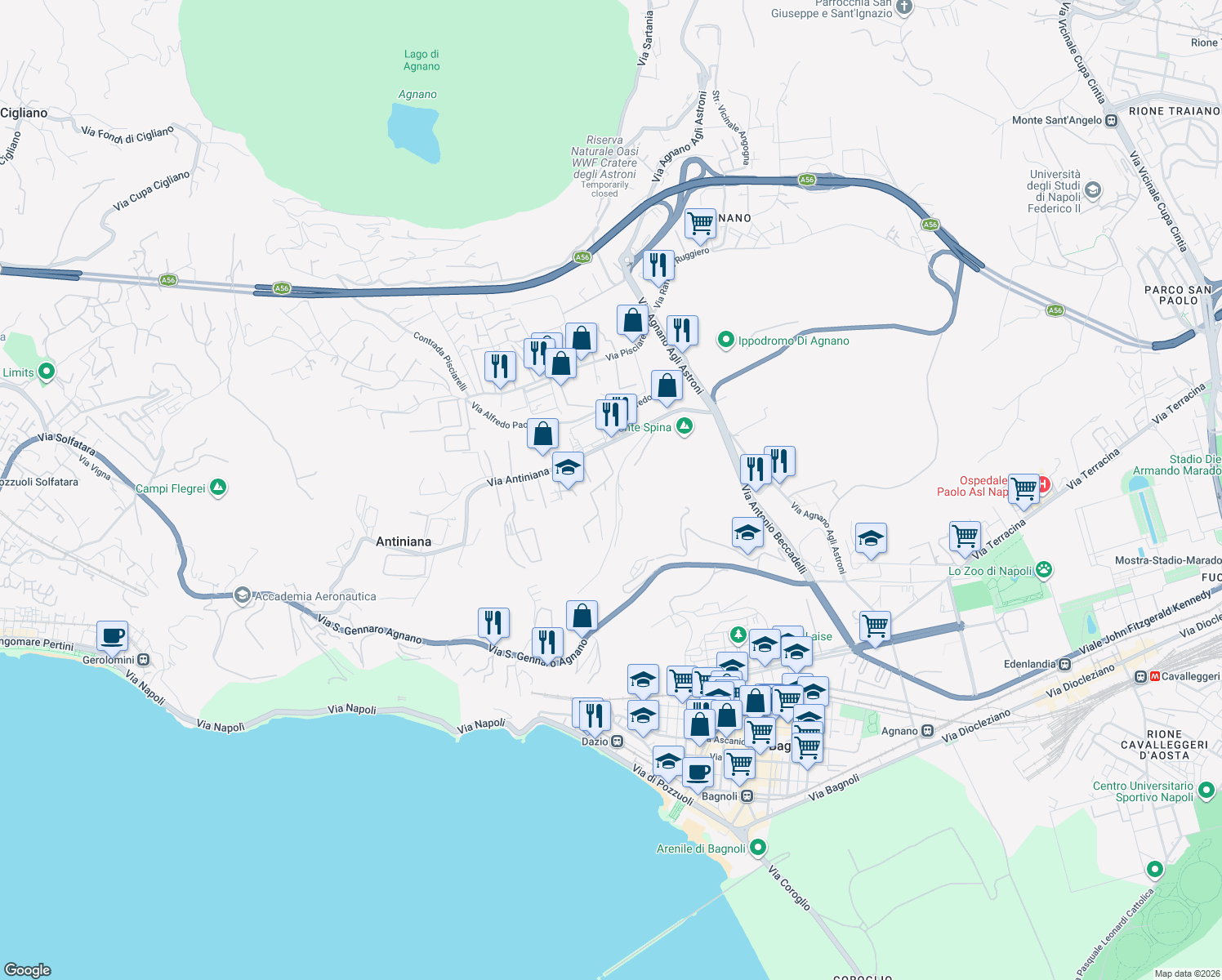 map of restaurants, bars, coffee shops, grocery stores, and more near 7 Via Vicinale Montespina in Napoli