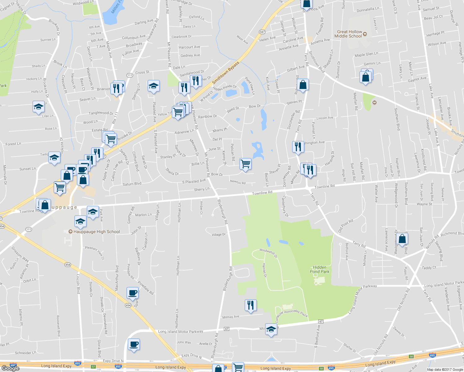 map of restaurants, bars, coffee shops, grocery stores, and more near 4-8 Newton Road in Hauppauge