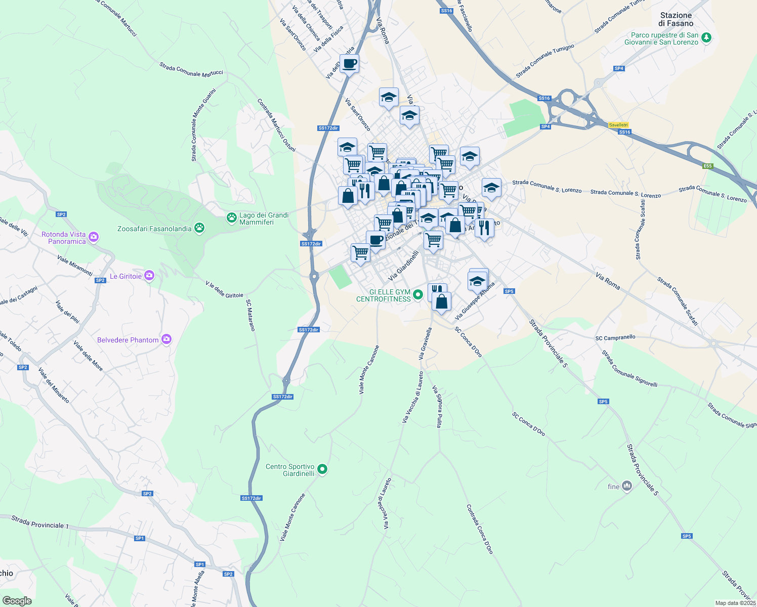 map of restaurants, bars, coffee shops, grocery stores, and more near 33 Via Pietro Nenni in Fasano