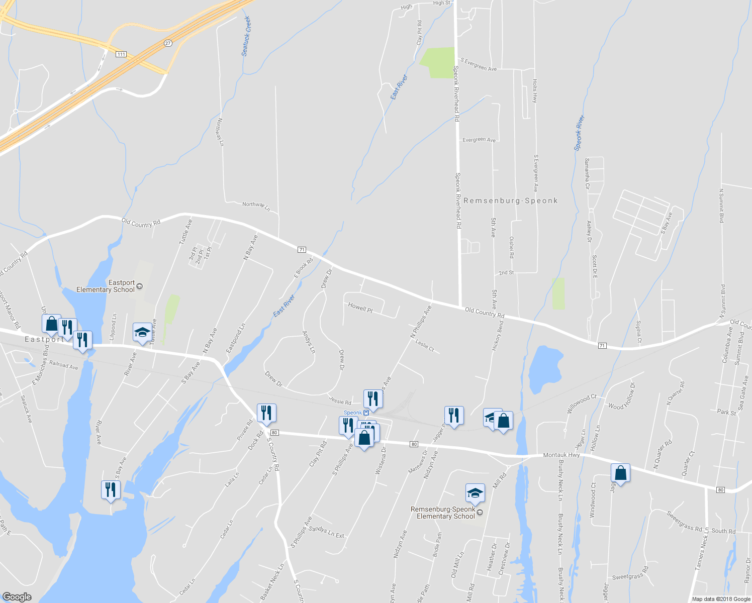 map of restaurants, bars, coffee shops, grocery stores, and more near 27 Howell Place in Center Moriches
