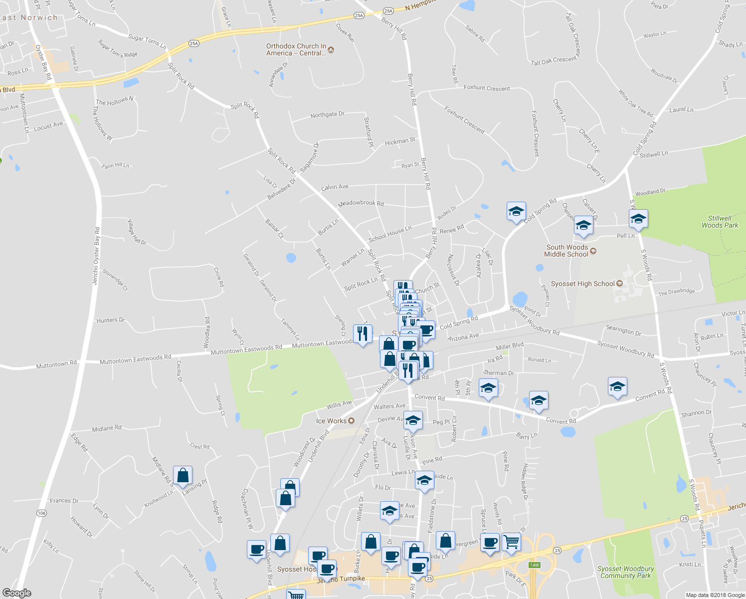 map of restaurants, bars, coffee shops, grocery stores, and more near 64 Church Street in Syosset