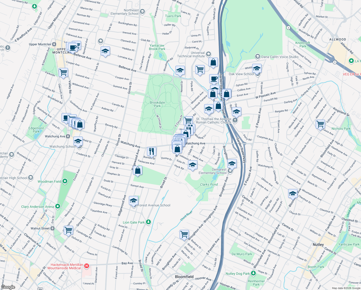 map of restaurants, bars, coffee shops, grocery stores, and more near 1072 Broad Street in Bloomfield