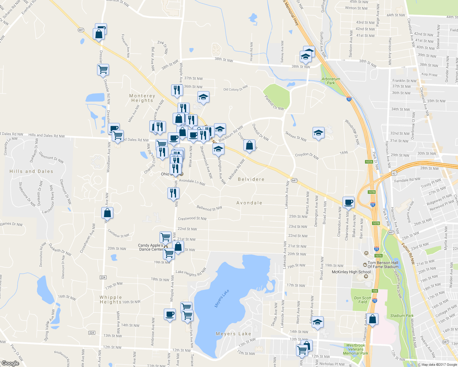 map of restaurants, bars, coffee shops, grocery stores, and more near 3817 Darlington Avenue Northwest in Canton