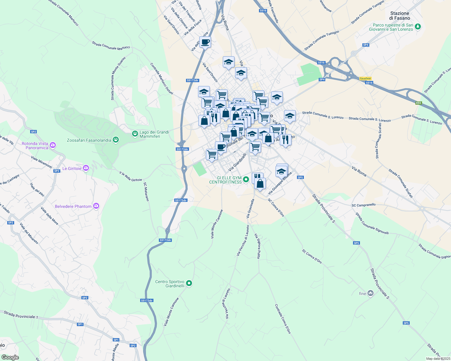 map of restaurants, bars, coffee shops, grocery stores, and more near 33 Via Pietro Nenni in Fasano