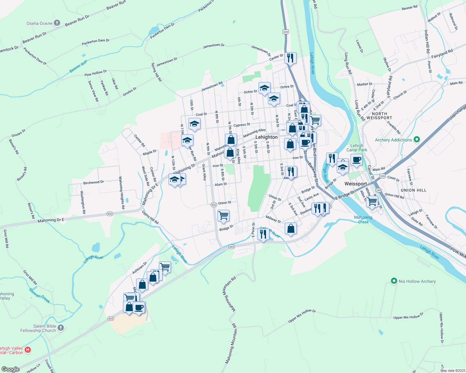 map of restaurants, bars, coffee shops, grocery stores, and more near 308 S 7th St in Lehighton
