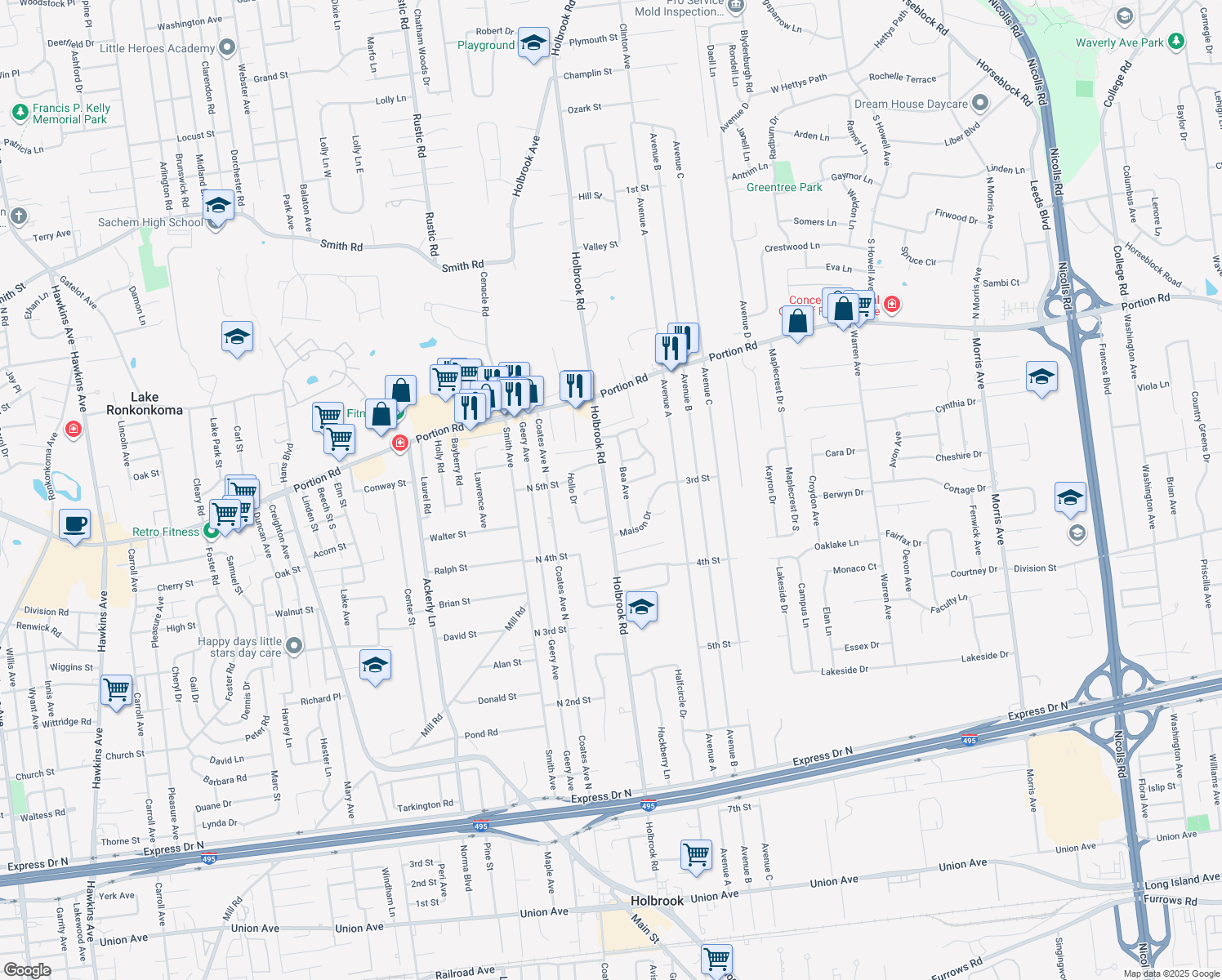 map of restaurants, bars, coffee shops, grocery stores, and more near 201 Holbrook Road South in Ronkonkoma