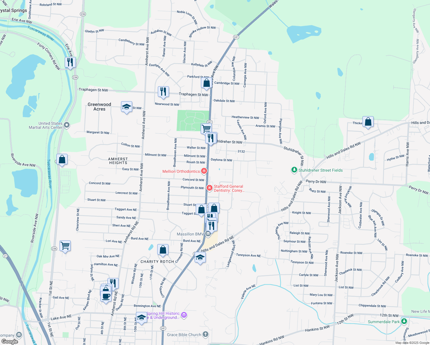 map of restaurants, bars, coffee shops, grocery stores, and more near 3270 Wales Avenue Northwest in Massillon