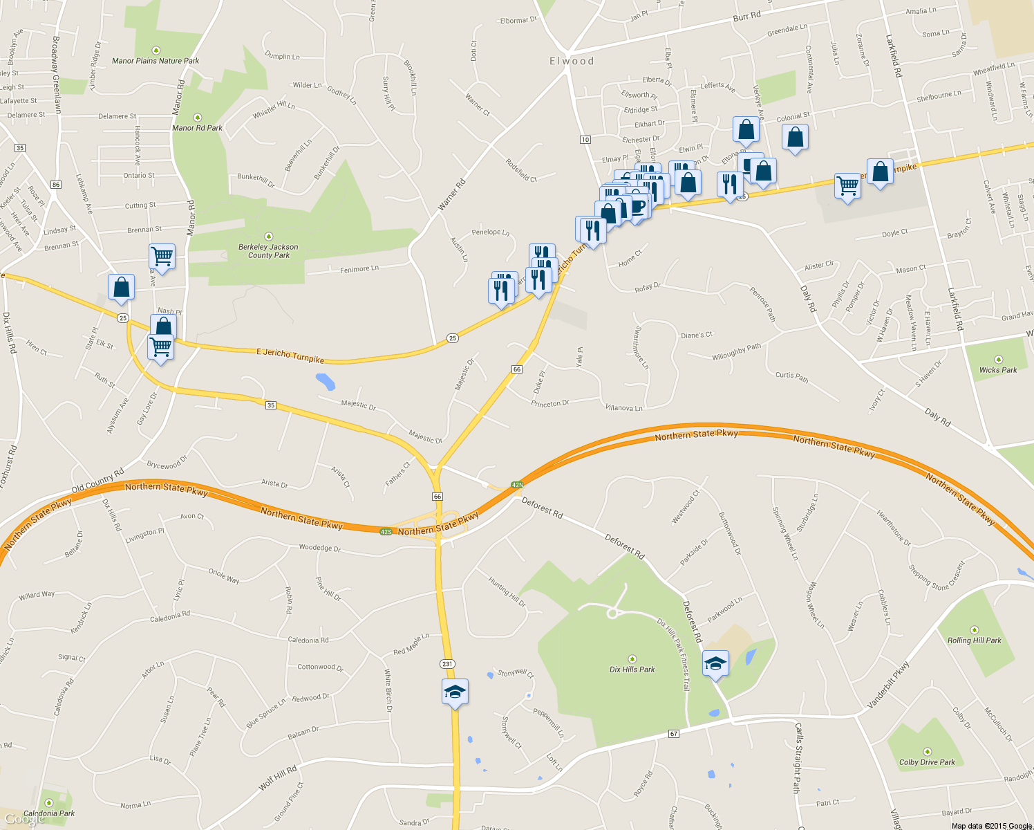 map of restaurants, bars, coffee shops, grocery stores, and more near 7 Gables Court in Dix Hills