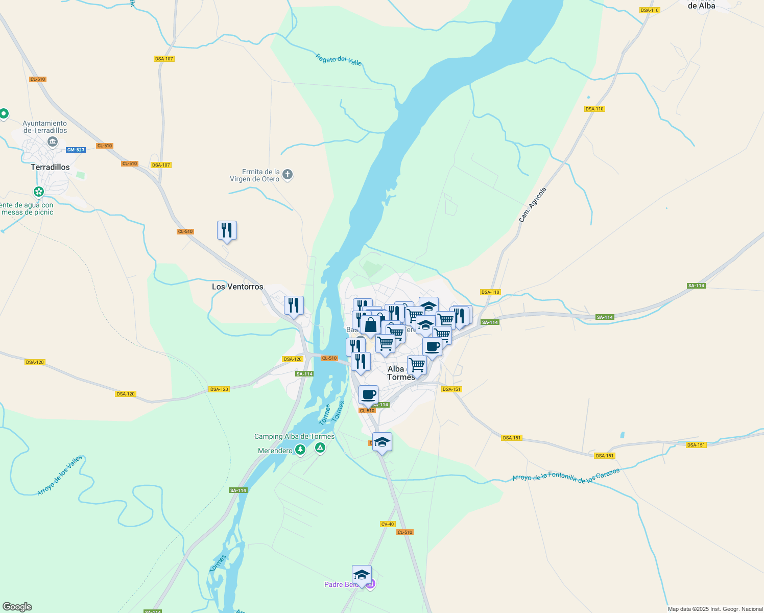 map of restaurants, bars, coffee shops, grocery stores, and more near 1 Calle Villas in Alba de Tormes