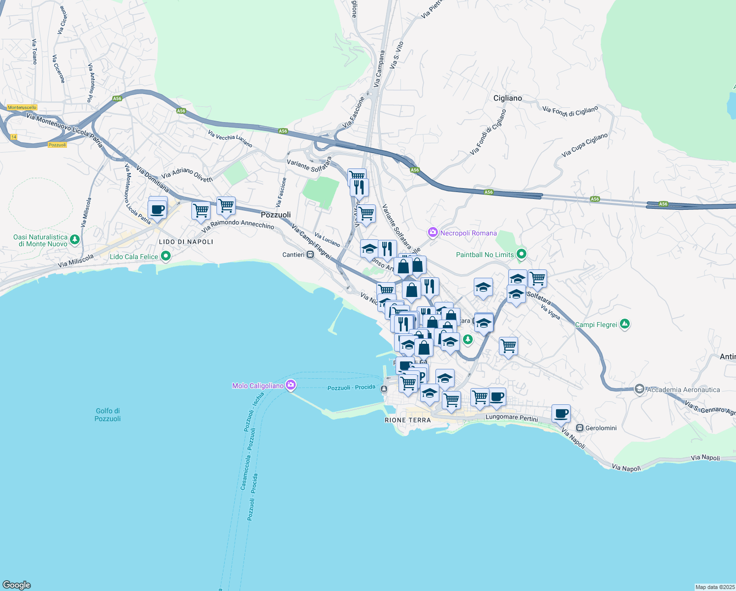 map of restaurants, bars, coffee shops, grocery stores, and more near Via Campi Flegrei in Pozzuoli