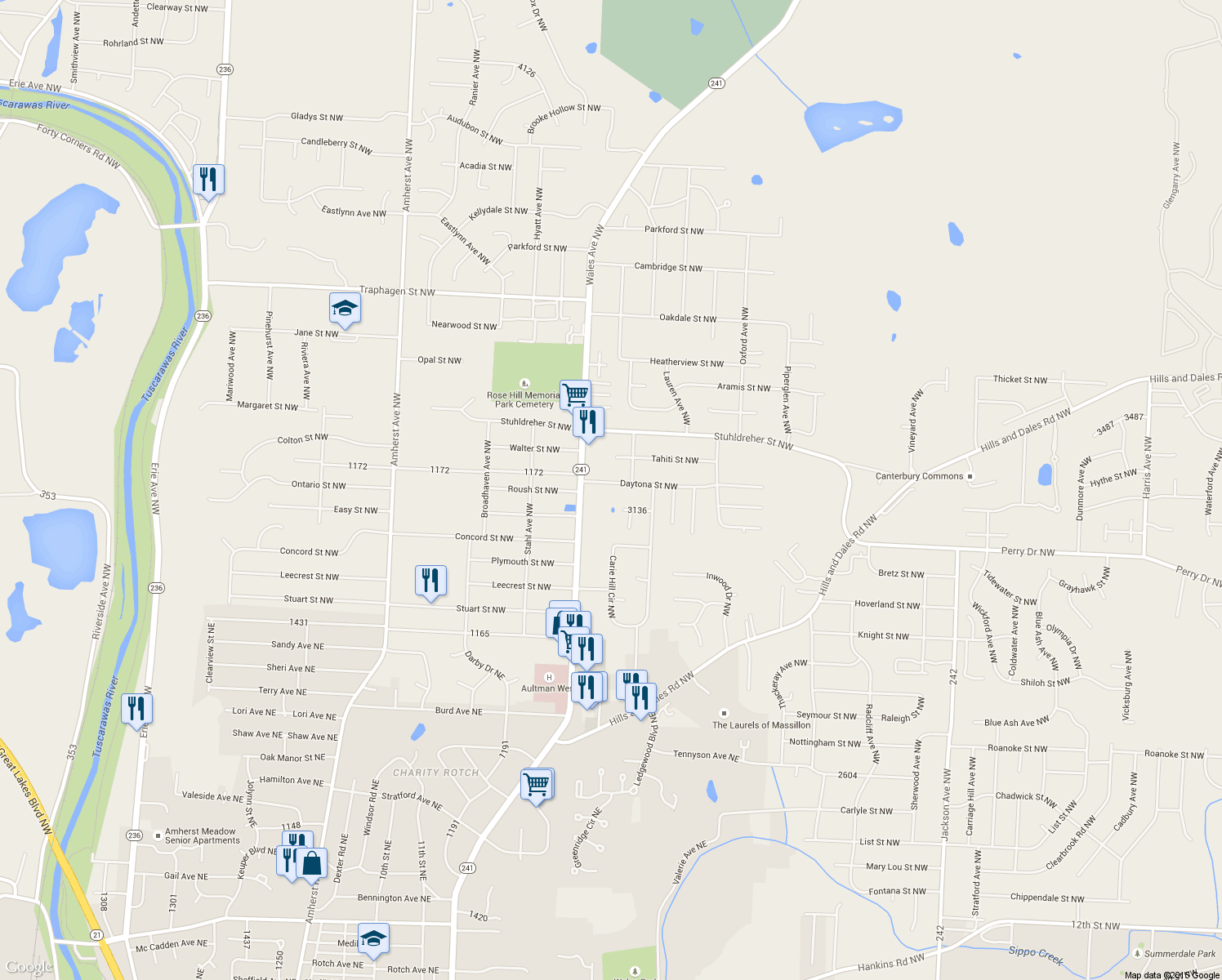 map of restaurants, bars, coffee shops, grocery stores, and more near 8000 Daytona Street Northwest in Massillon