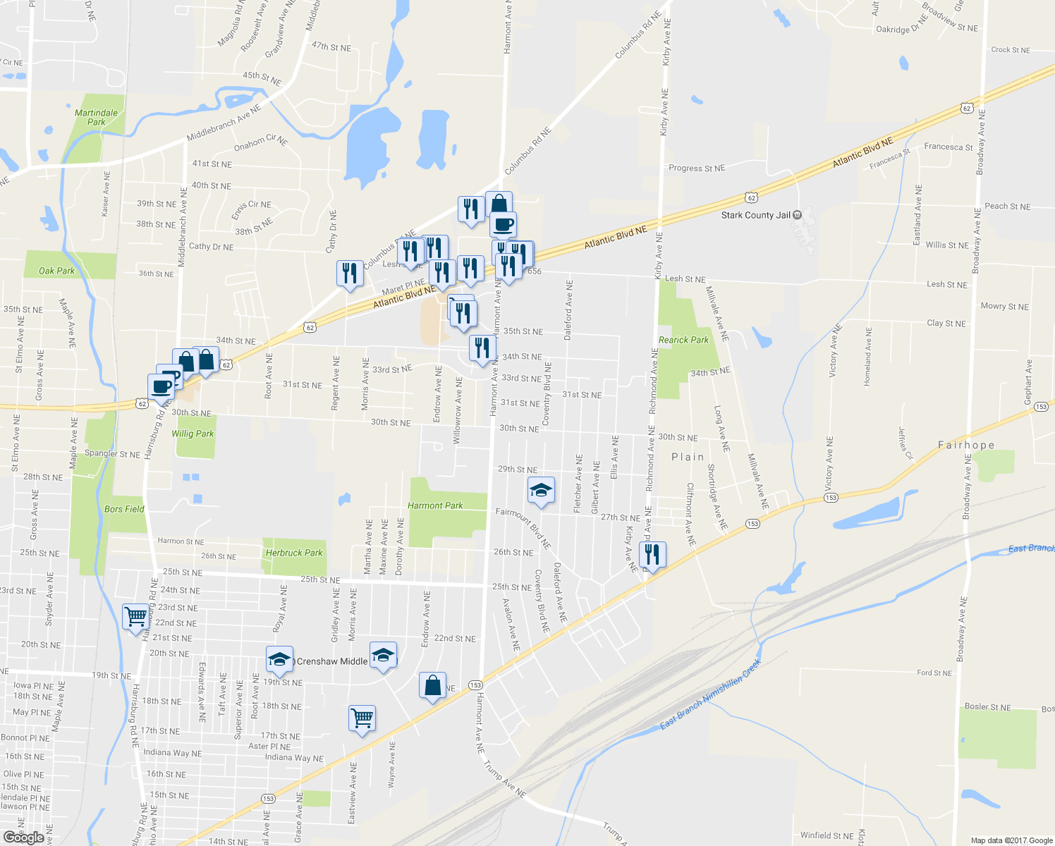 map of restaurants, bars, coffee shops, grocery stores, and more near 3427 30th St NE in Canton