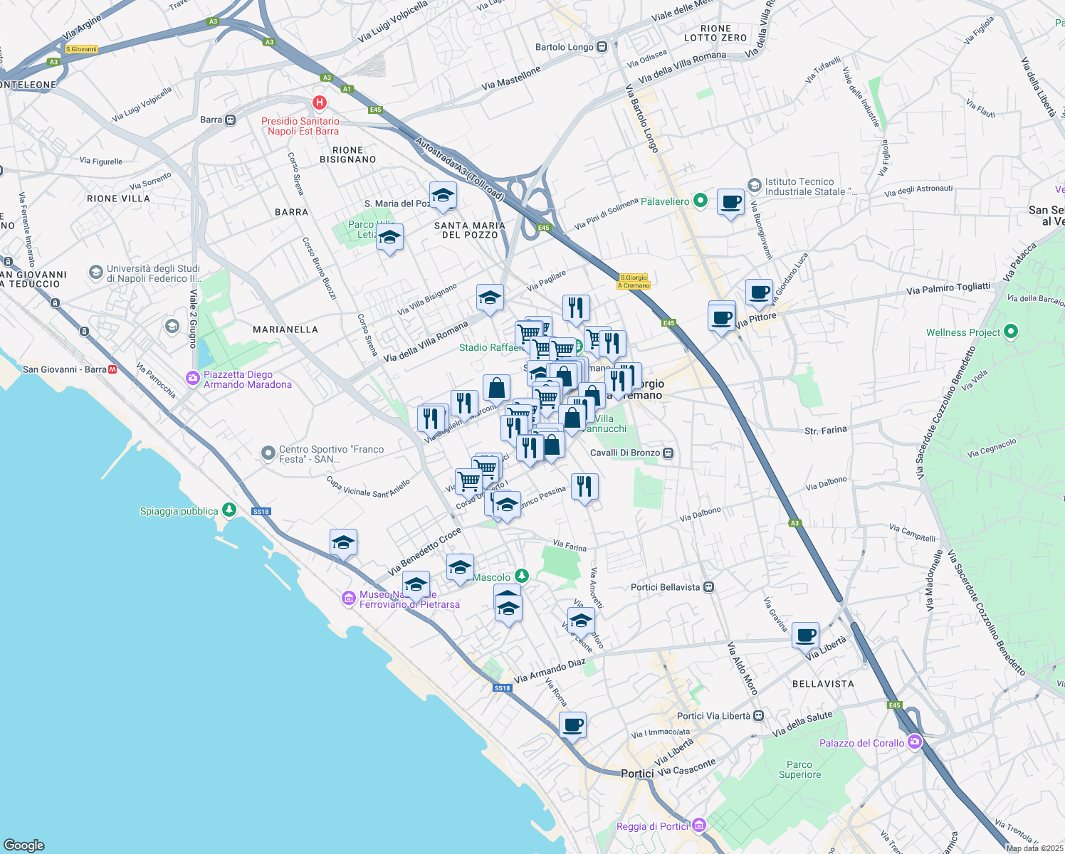 map of restaurants, bars, coffee shops, grocery stores, and more near 7 Via Mario Zinno in San Giorgio A Cremano