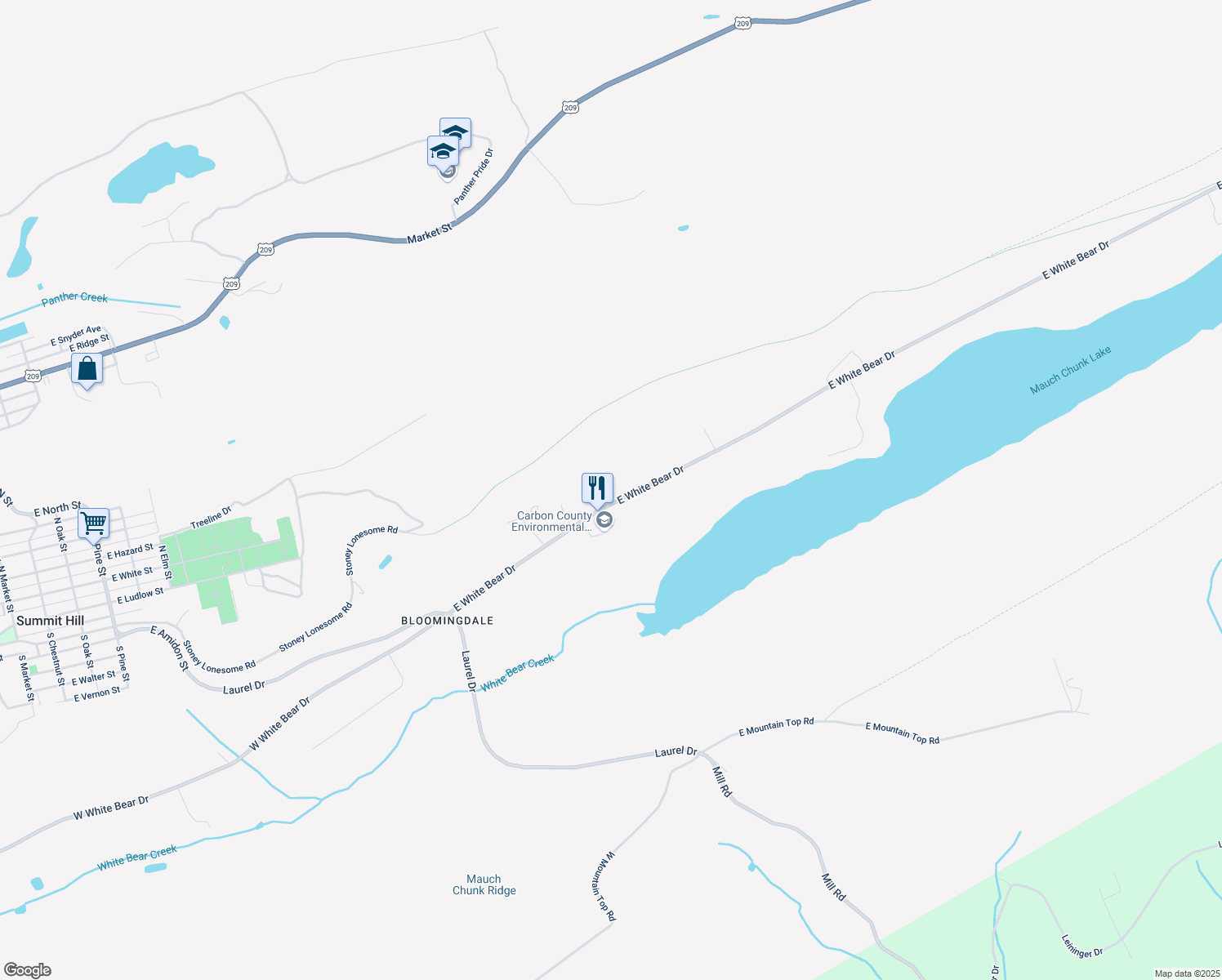 map of restaurants, bars, coffee shops, grocery stores, and more near 190 E White Bear Dr in Summit Hill