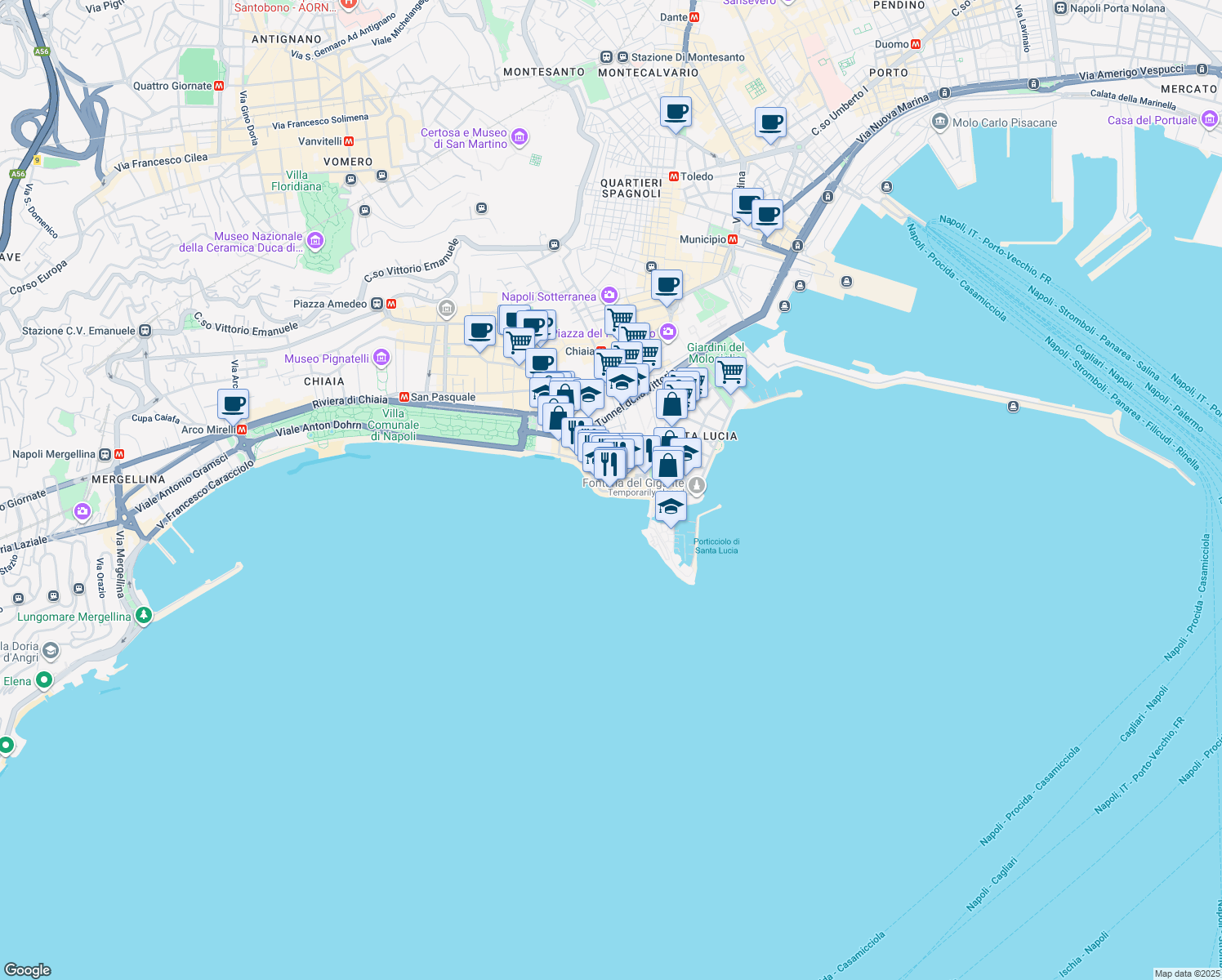 map of restaurants, bars, coffee shops, grocery stores, and more near 29 Via Partenope in Naples