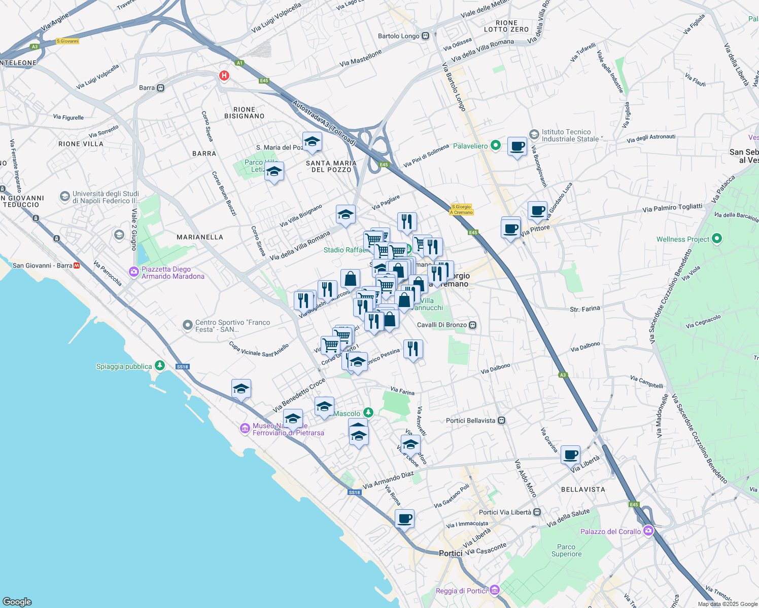map of restaurants, bars, coffee shops, grocery stores, and more near 7 Via Mario Zinno in San Giorgio A Cremano