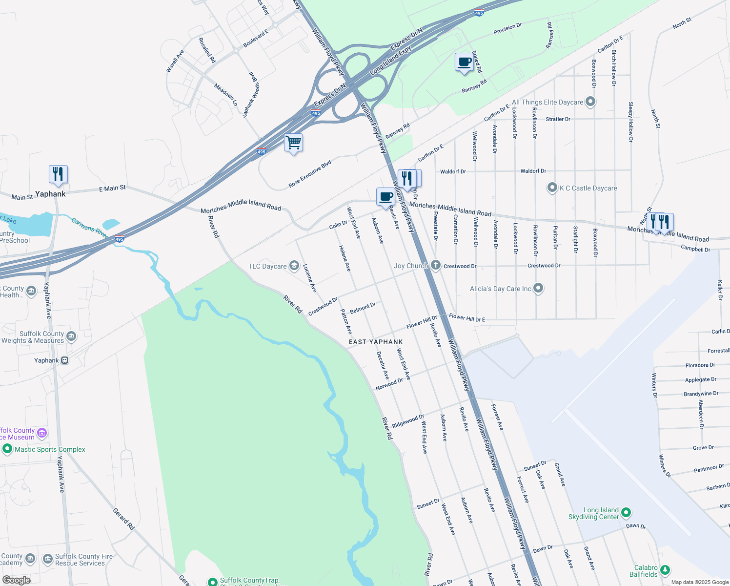 map of restaurants, bars, coffee shops, grocery stores, and more near 40 Crestwood Drive in Shirley