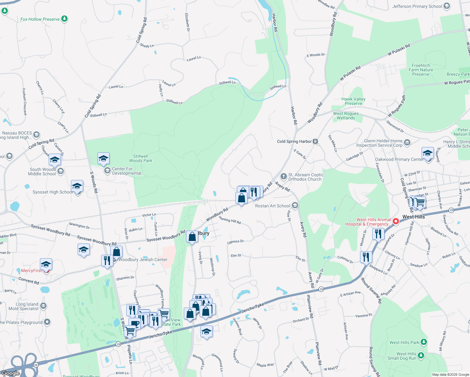 map of restaurants, bars, coffee shops, grocery stores, and more near 1 The Grasslands in Woodbury