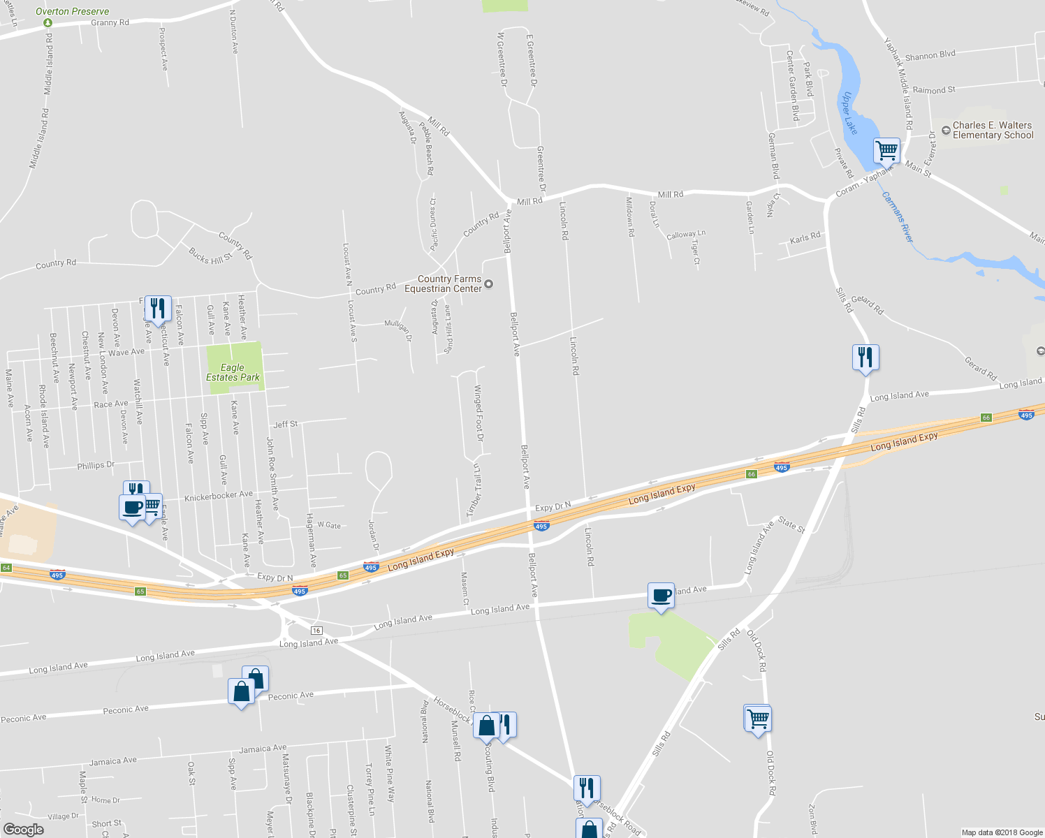 map of restaurants, bars, coffee shops, grocery stores, and more near 154 Bellport Avenue in Medford