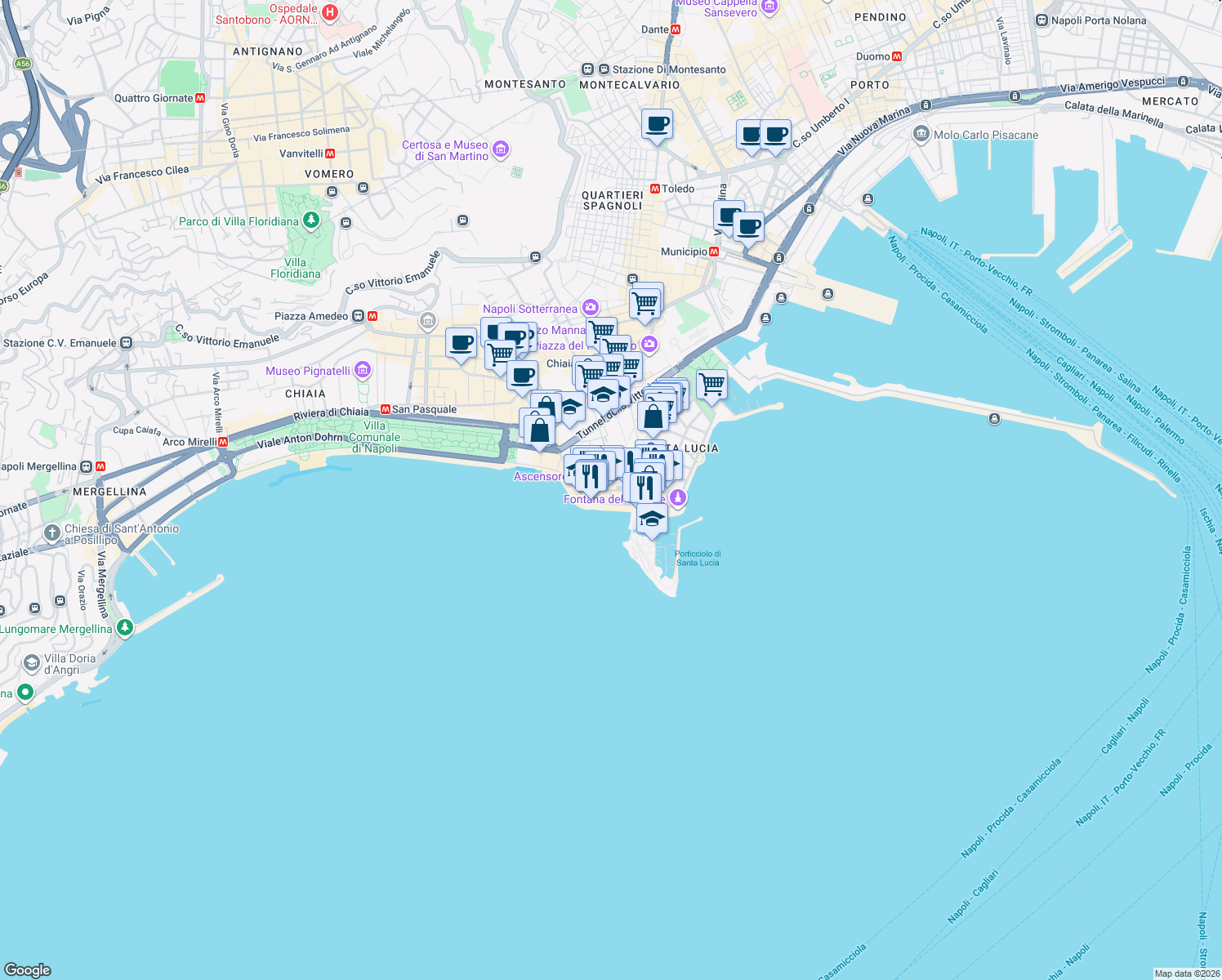 map of restaurants, bars, coffee shops, grocery stores, and more near 37 Via Partenope in Naples