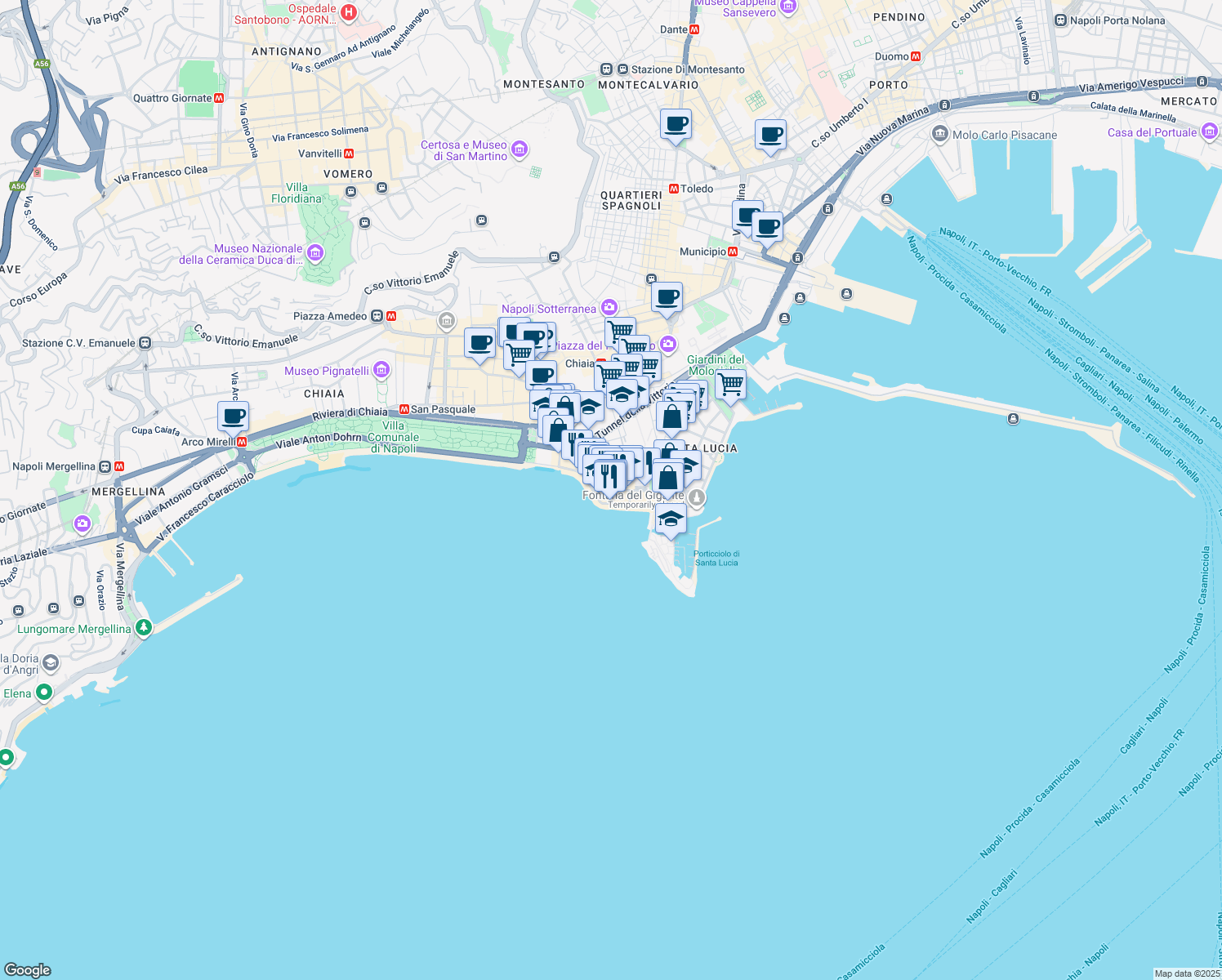 map of restaurants, bars, coffee shops, grocery stores, and more near 29 Via Partenope in Naples