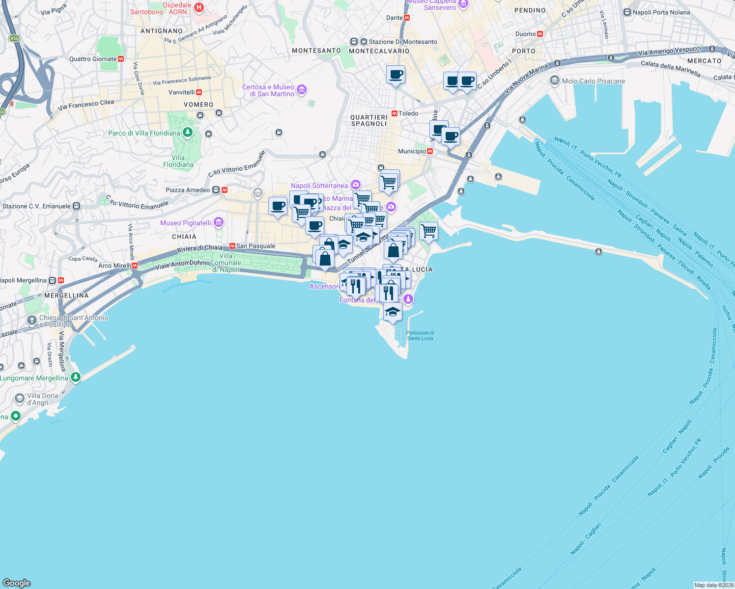 map of restaurants, bars, coffee shops, grocery stores, and more near 37 Via Partenope in Napoli