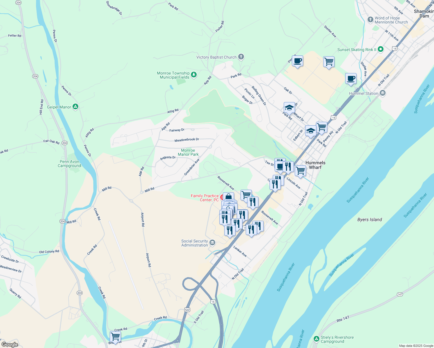 map of restaurants, bars, coffee shops, grocery stores, and more near 399 Mill Rd in Selinsgrove