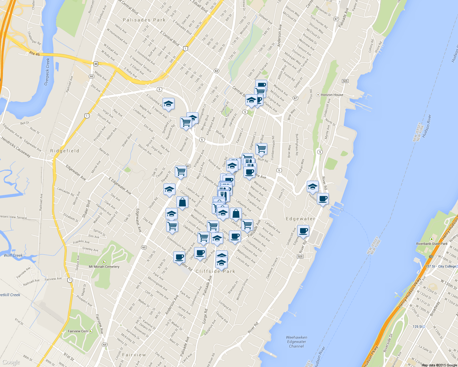 map of restaurants, bars, coffee shops, grocery stores, and more near 364 Aurora Avenue in Cliffside Park
