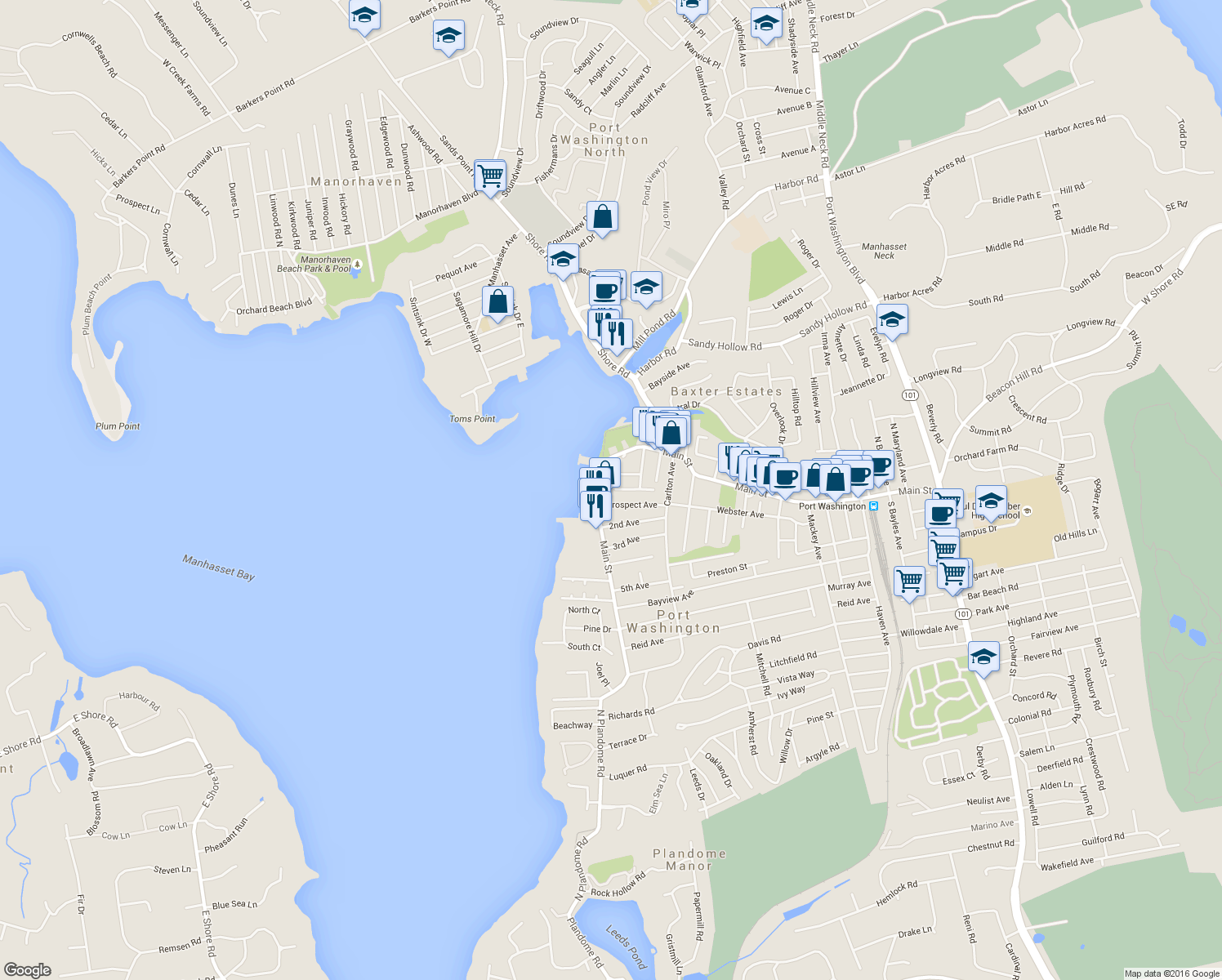 map of restaurants, bars, coffee shops, grocery stores, and more near 12 Covert Street in Port Washington