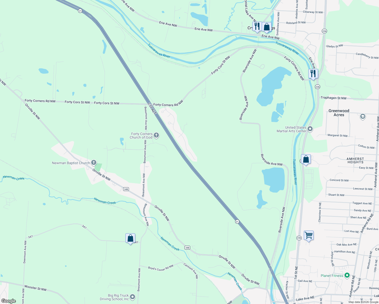 map of restaurants, bars, coffee shops, grocery stores, and more near 133 Thomas Boulevard Northwest in Massillon
