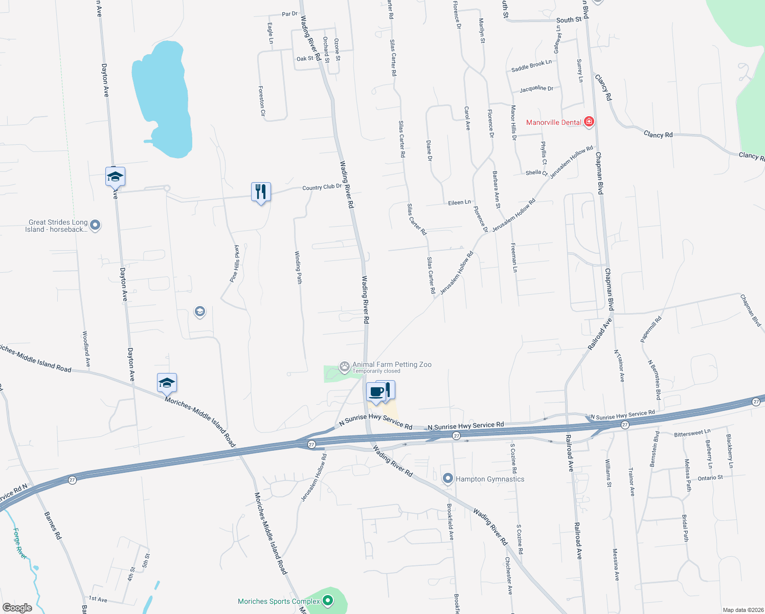 map of restaurants, bars, coffee shops, grocery stores, and more near 187 Wading River Road in Center Moriches