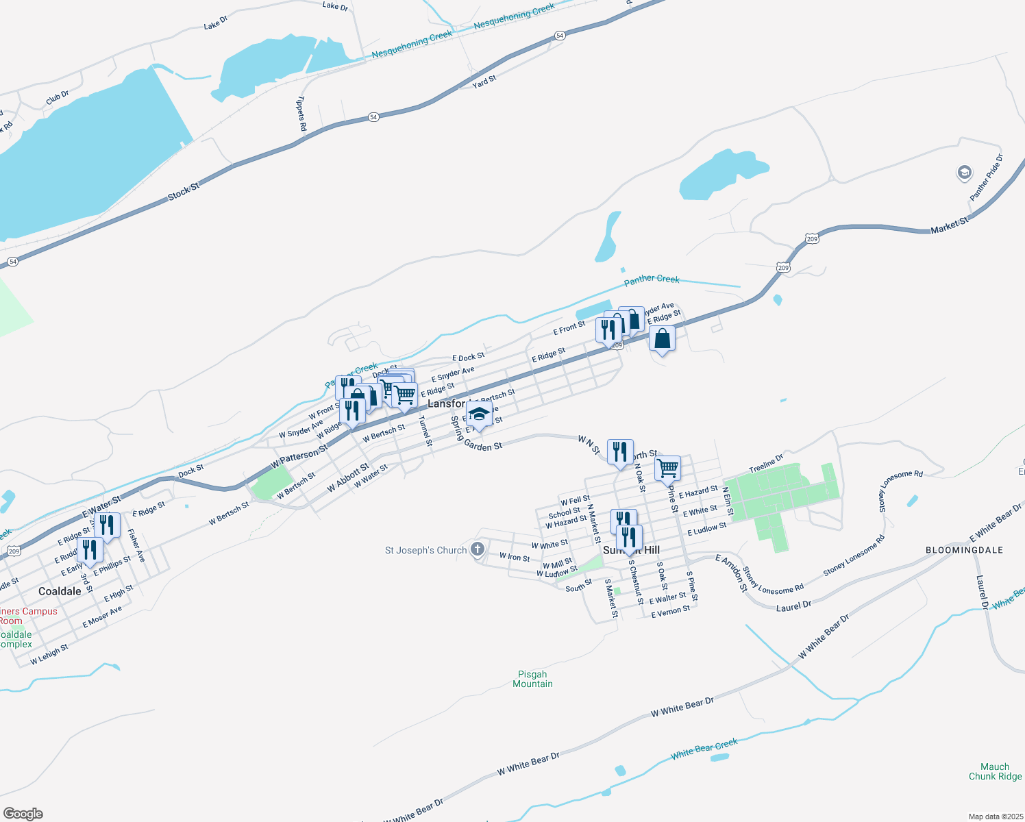 map of restaurants, bars, coffee shops, grocery stores, and more near 255 East Abbott Street in Lansford