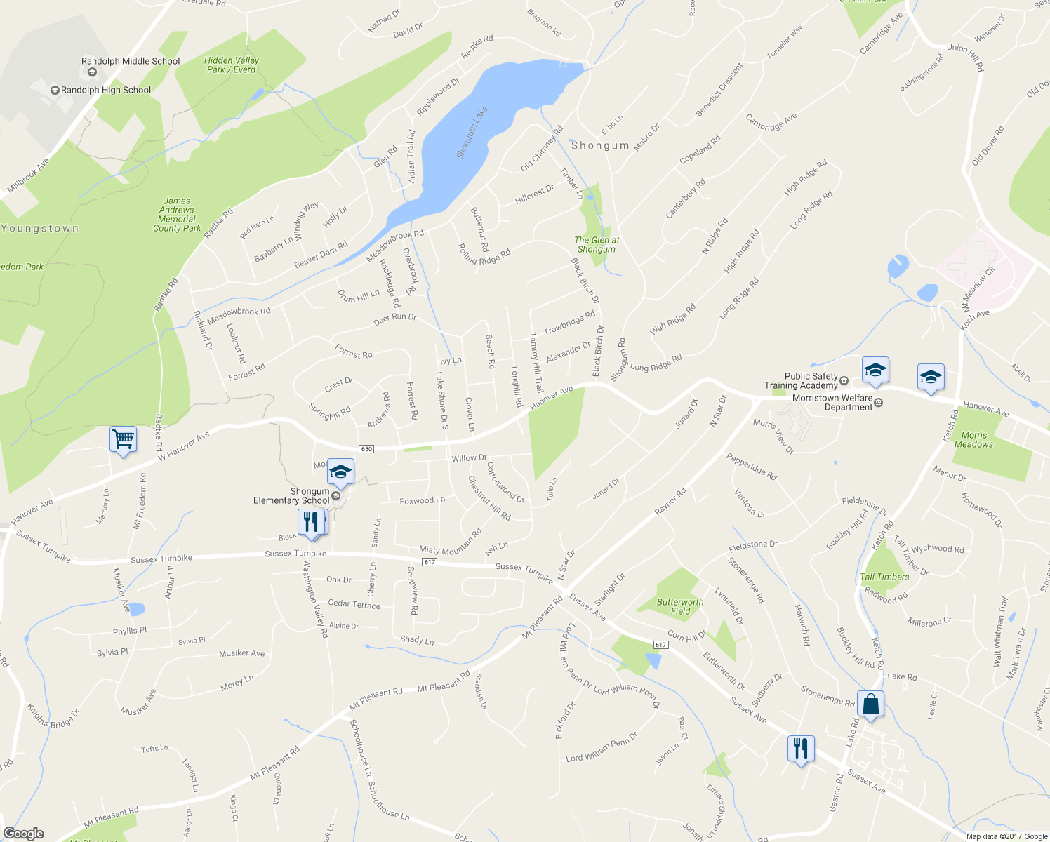map of restaurants, bars, coffee shops, grocery stores, and more near 176 W Hanover Ave in Randolph