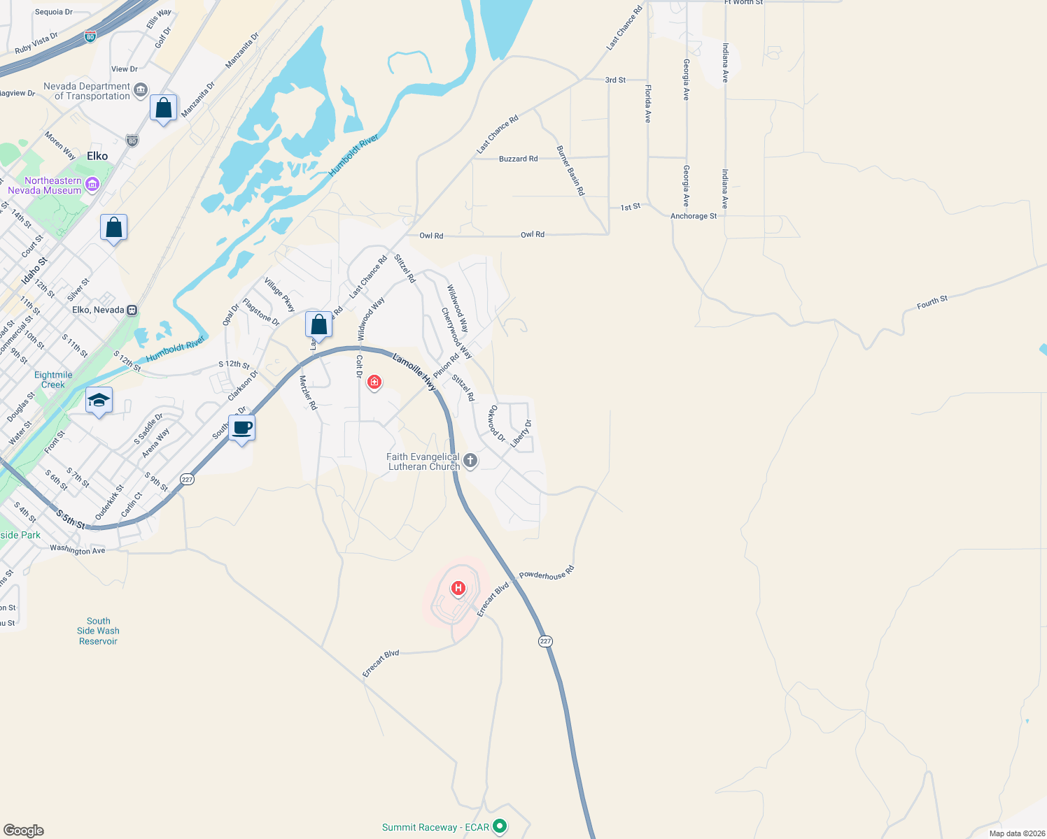 map of restaurants, bars, coffee shops, grocery stores, and more near 2319 Liberty Drive in Elko