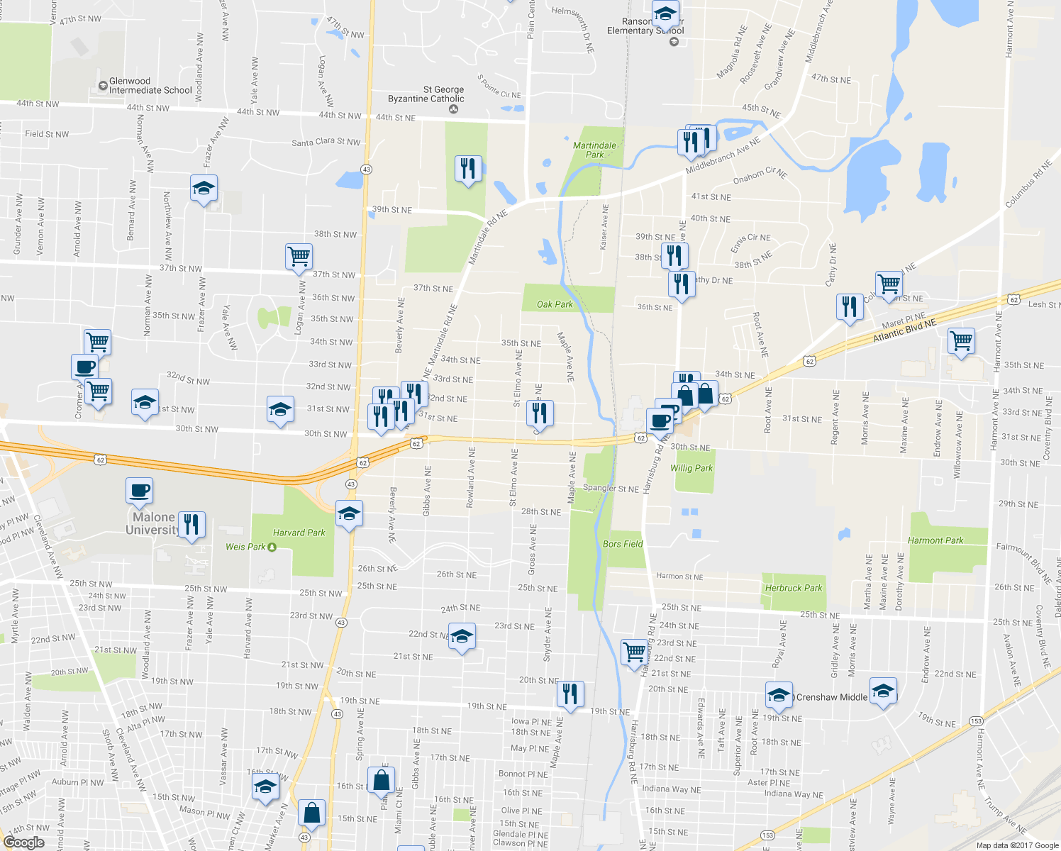 map of restaurants, bars, coffee shops, grocery stores, and more near 1524 31st Street Northeast in Canton