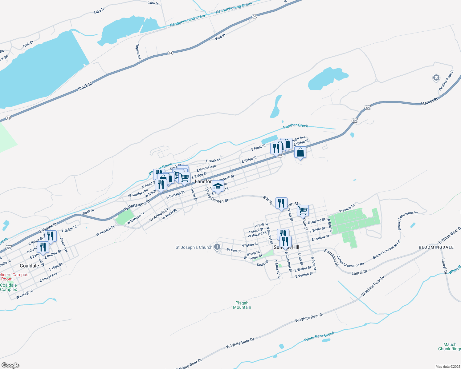 map of restaurants, bars, coffee shops, grocery stores, and more near 245 East Abbott Street in Lansford