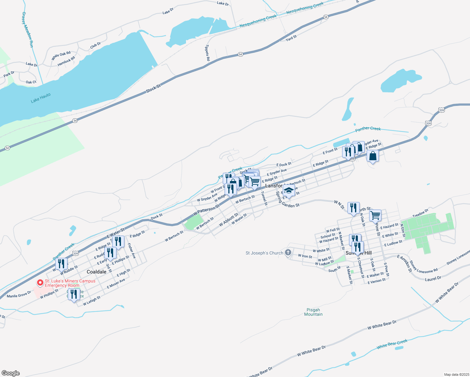 map of restaurants, bars, coffee shops, grocery stores, and more near 139 W Ridge St in Lansford