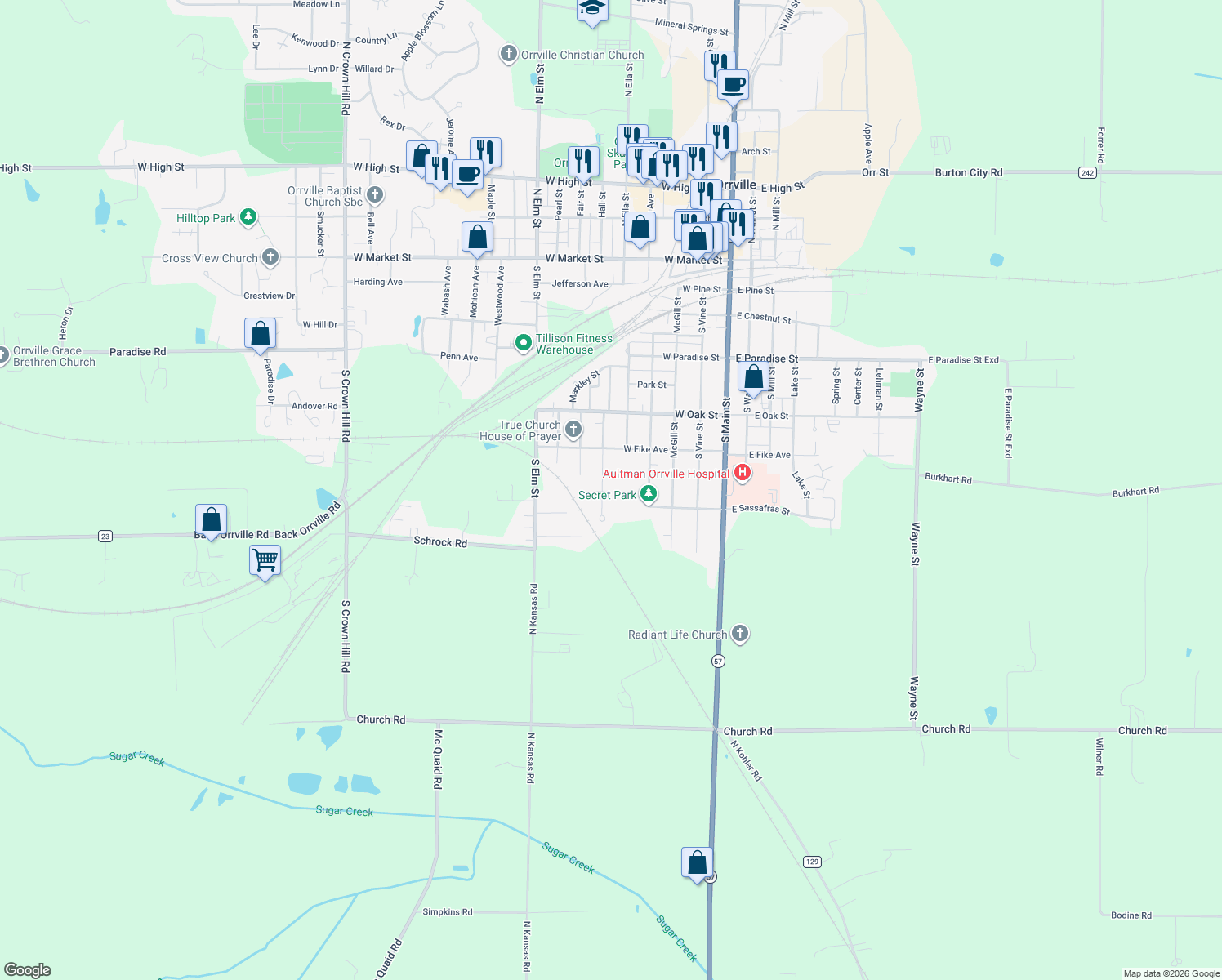 map of restaurants, bars, coffee shops, grocery stores, and more near 858 Beaver St in Orrville