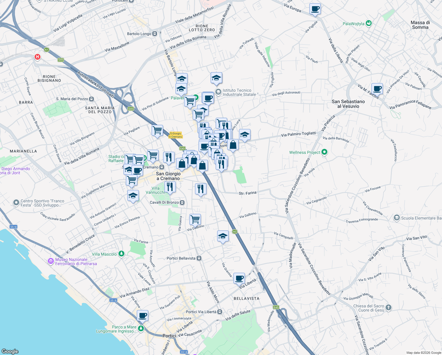 map of restaurants, bars, coffee shops, grocery stores, and more near 80 Via Aldo Moro in San Giorgio A Cremano