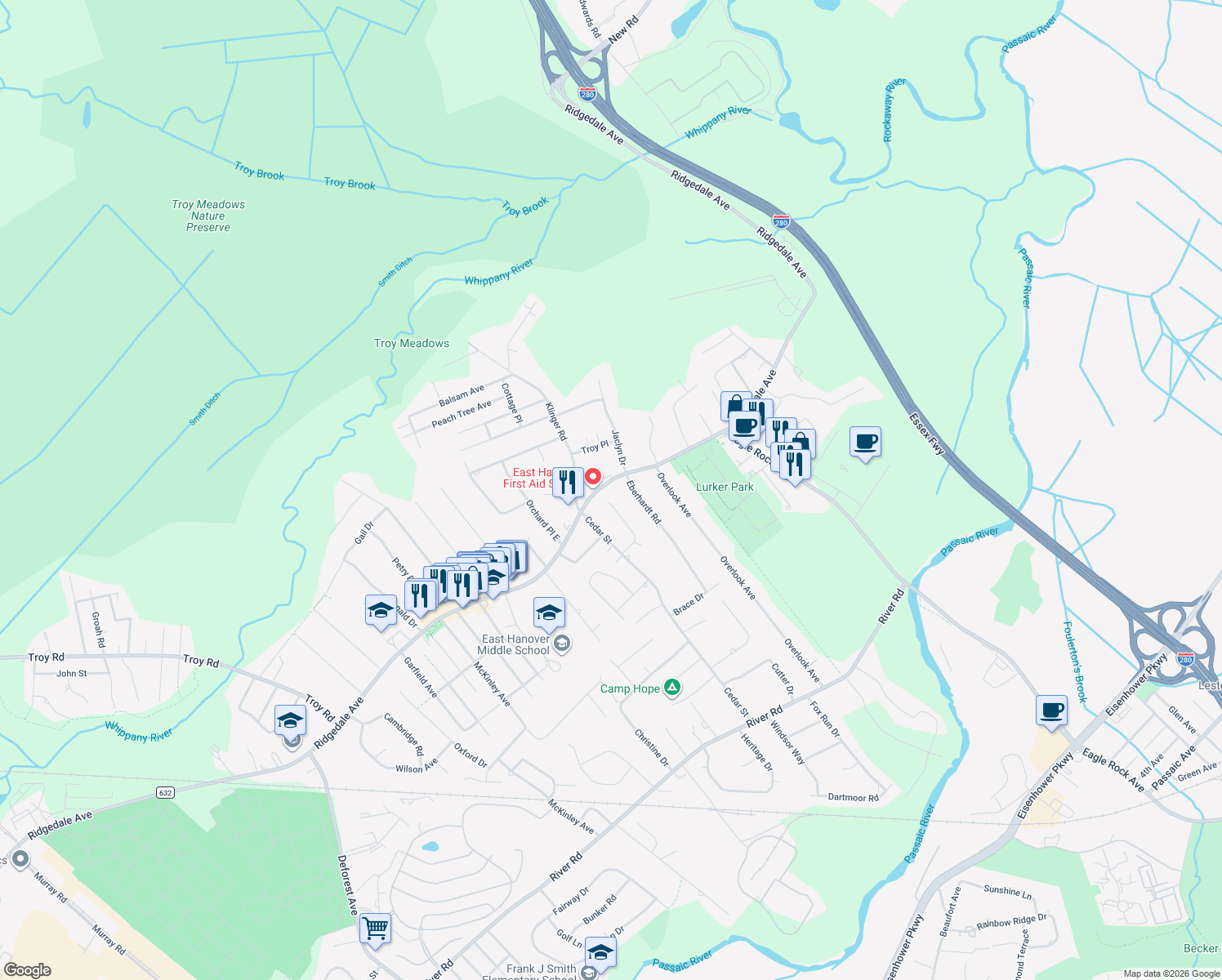 map of restaurants, bars, coffee shops, grocery stores, and more near 559 Ridgedale Avenue in East Hanover