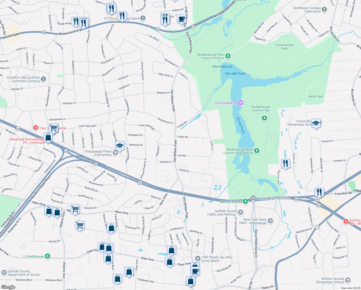 map of restaurants, bars, coffee shops, grocery stores, and more near 295 Old Willets Path in Smithtown