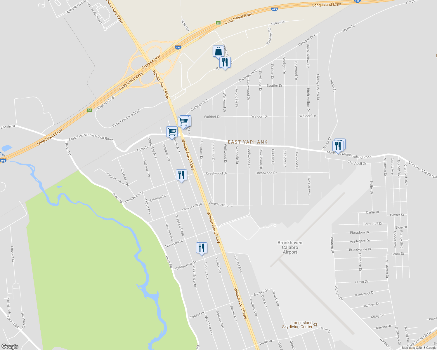 map of restaurants, bars, coffee shops, grocery stores, and more near 70 Crestwood Drive in Shirley