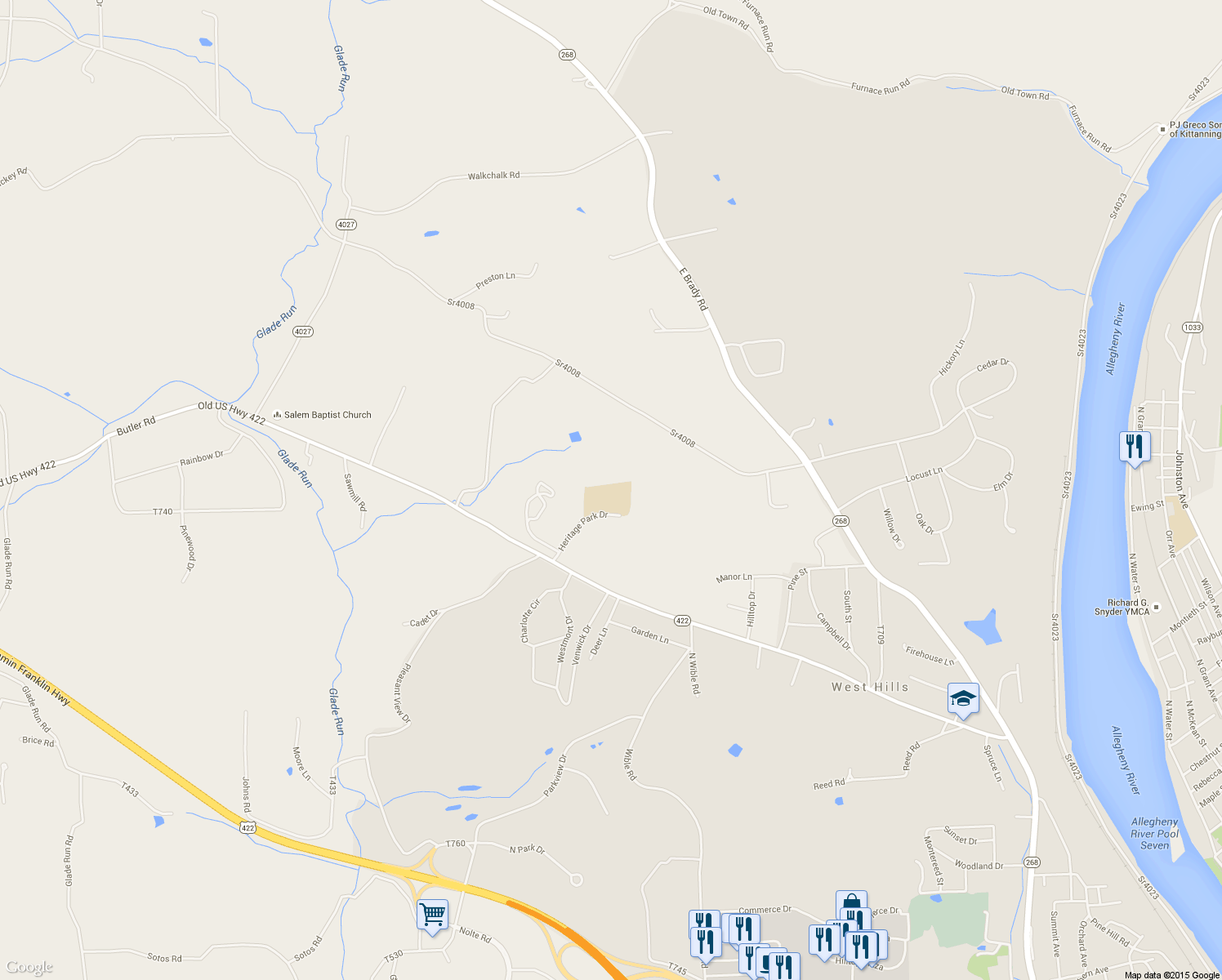 map of restaurants, bars, coffee shops, grocery stores, and more near 181 Heritage Park Drive in Kittanning