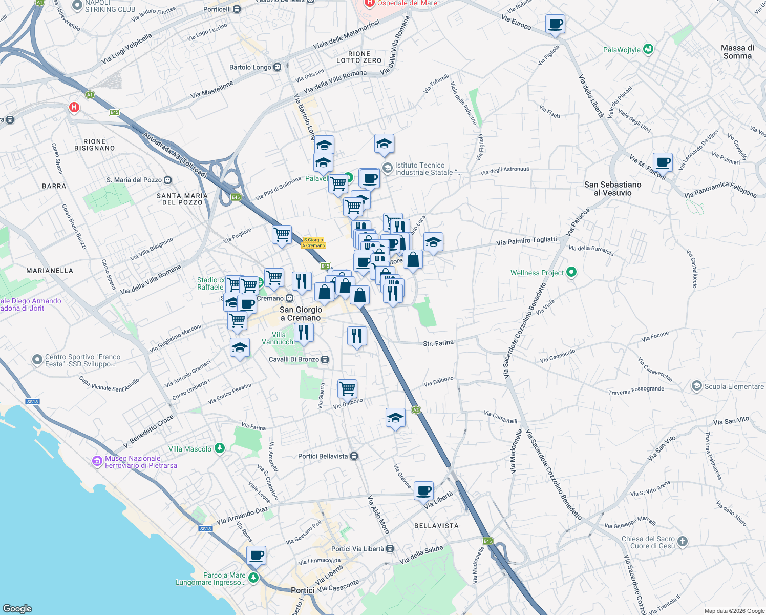 map of restaurants, bars, coffee shops, grocery stores, and more near 80 Via Aldo Moro in San Giorgio A Cremano