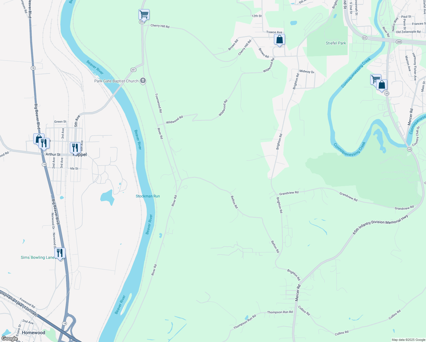 map of restaurants, bars, coffee shops, grocery stores, and more near 990 Belton Road in Ellwood City