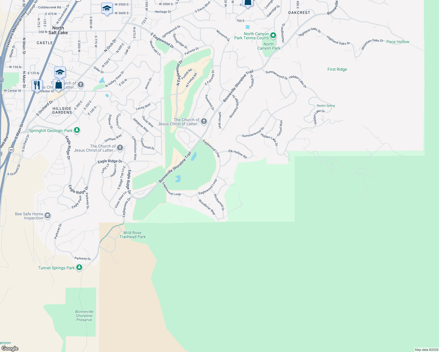 map of restaurants, bars, coffee shops, grocery stores, and more near 515 Tanglewood Loop in North Salt Lake