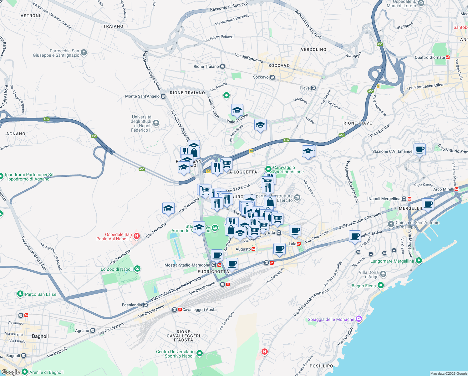 map of restaurants, bars, coffee shops, grocery stores, and more near 75 Via Terracina in Napoli