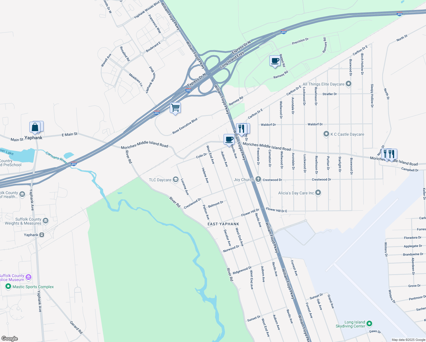 map of restaurants, bars, coffee shops, grocery stores, and more near 453 West End Avenue in Shirley